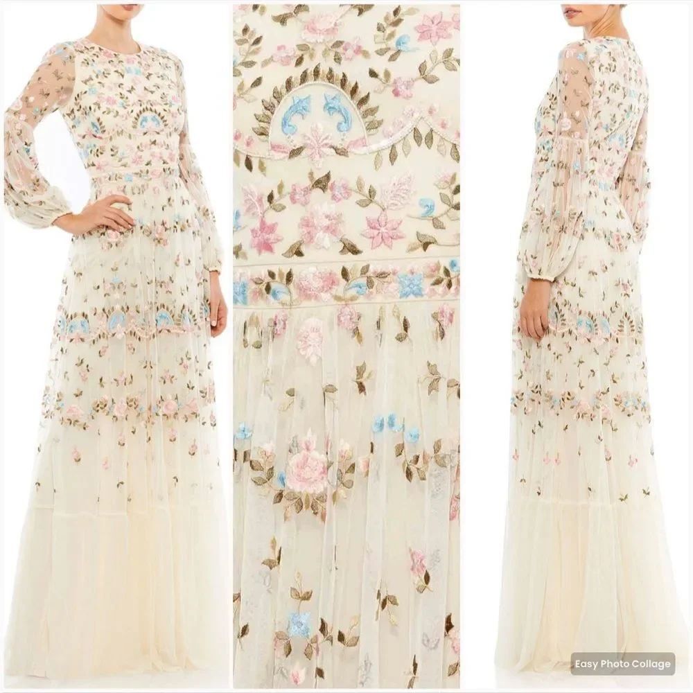 Mac Duggal 35111 Womens Ivory Embroidered Blouson Sleeve Boho Gown Dress